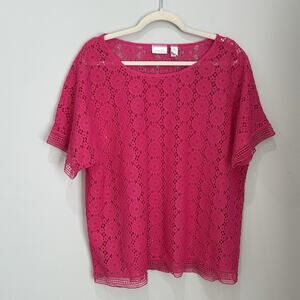 Chico's Women’s Sz 3 Crochet Blouse Size XL Pink Romantic Boho Beach